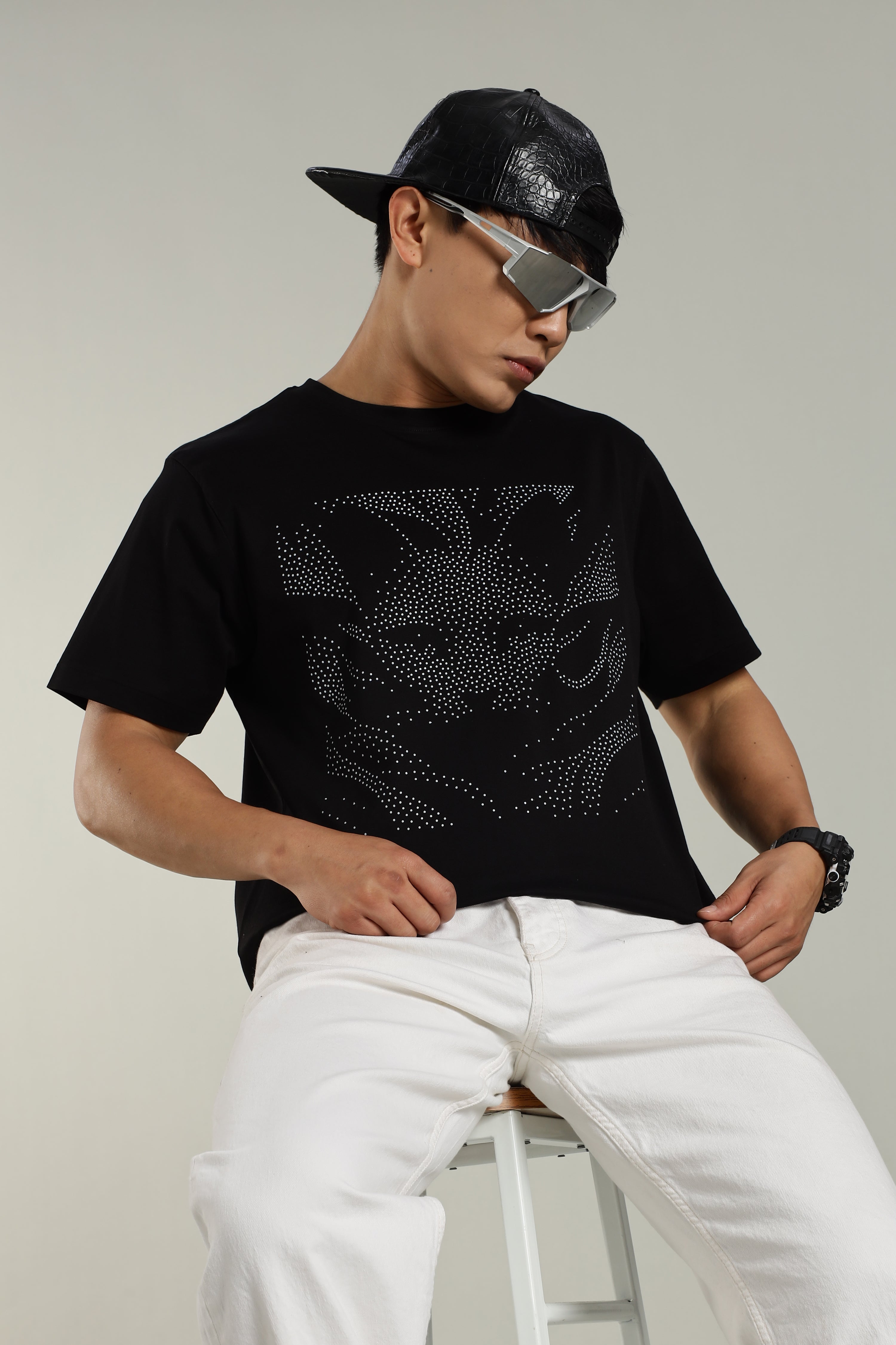 Designer Black T-Shirt with Silicone Glossy Cat Print for Men