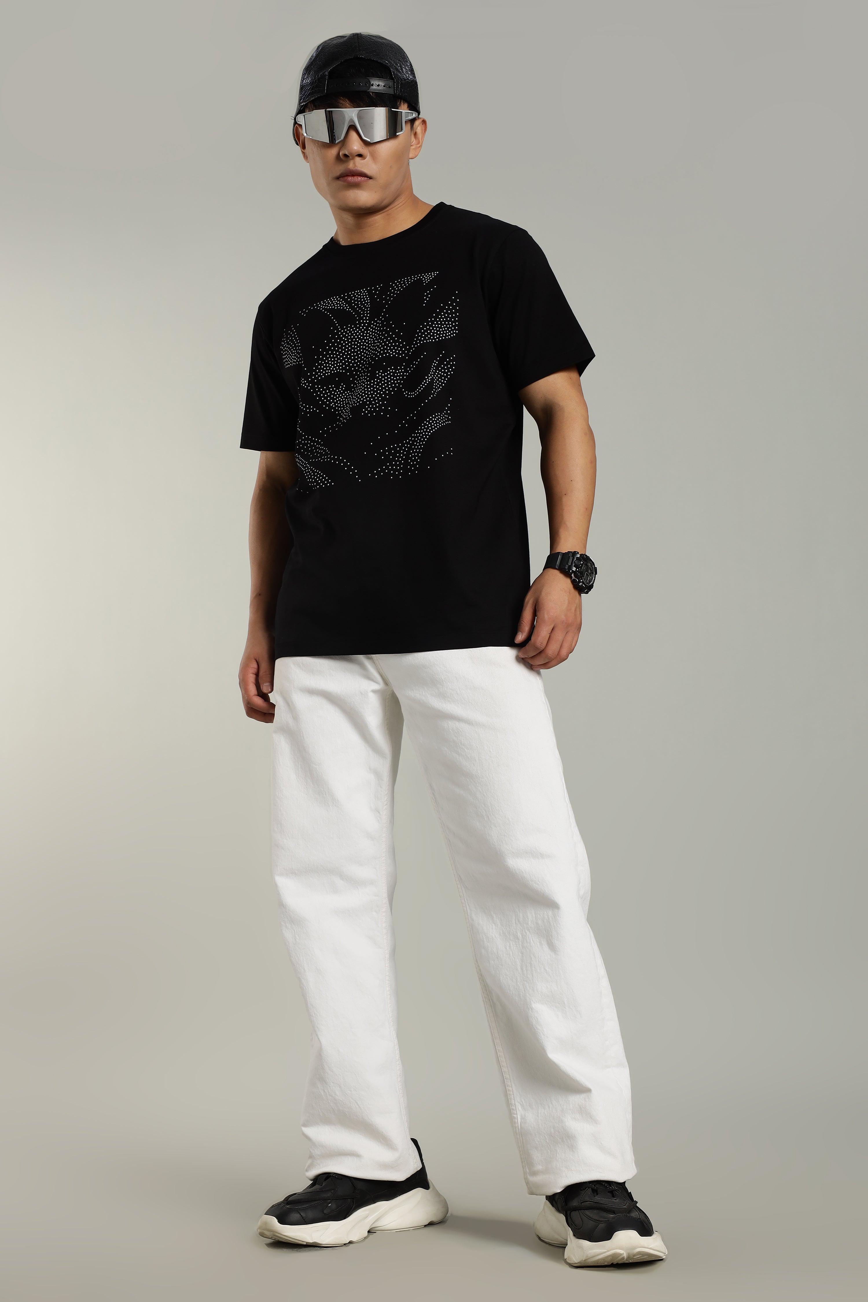 Designer Black T-Shirt with Silicone Glossy Cat Print for Men