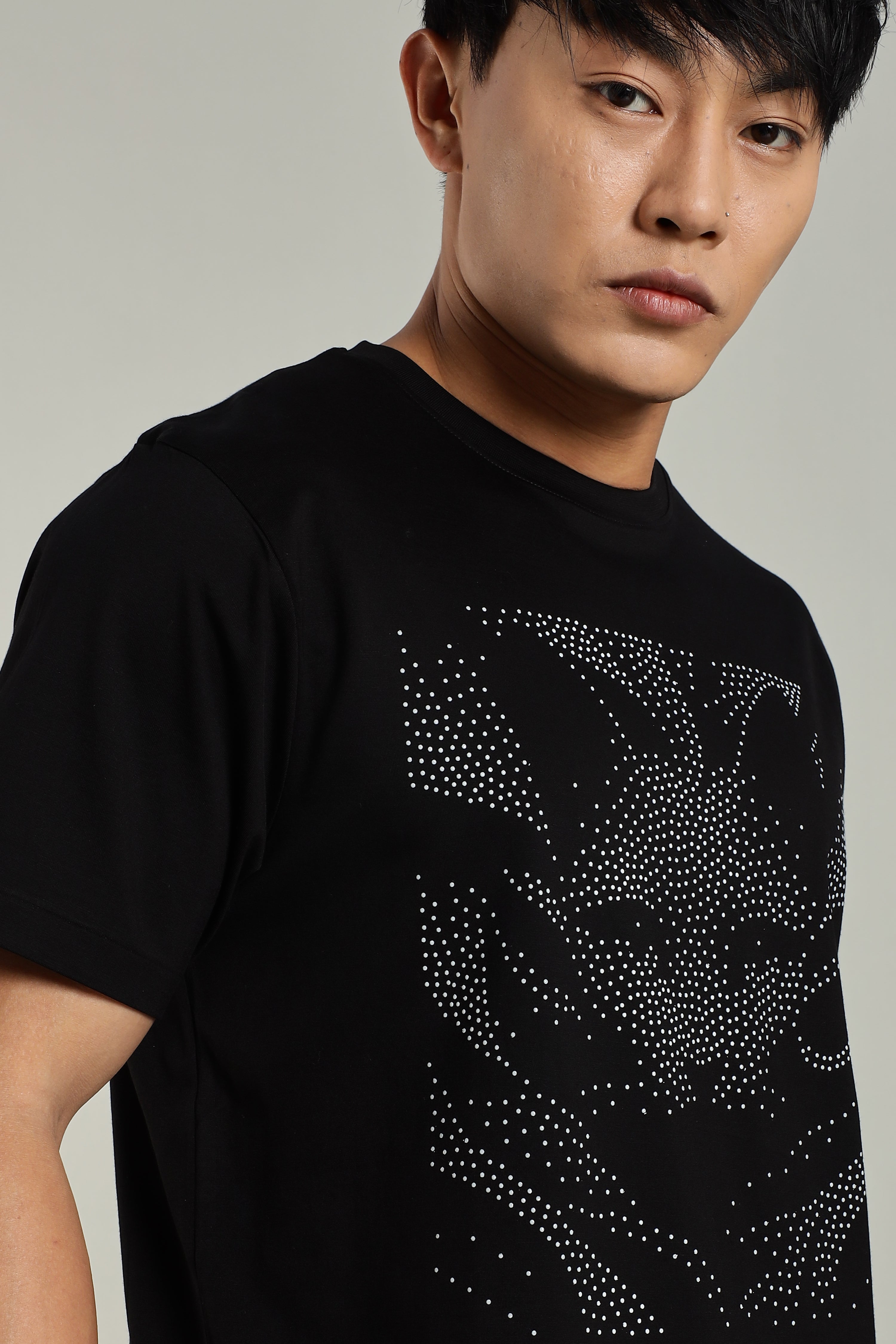 Designer Black T-Shirt with Silicone Glossy Cat Print for Men
