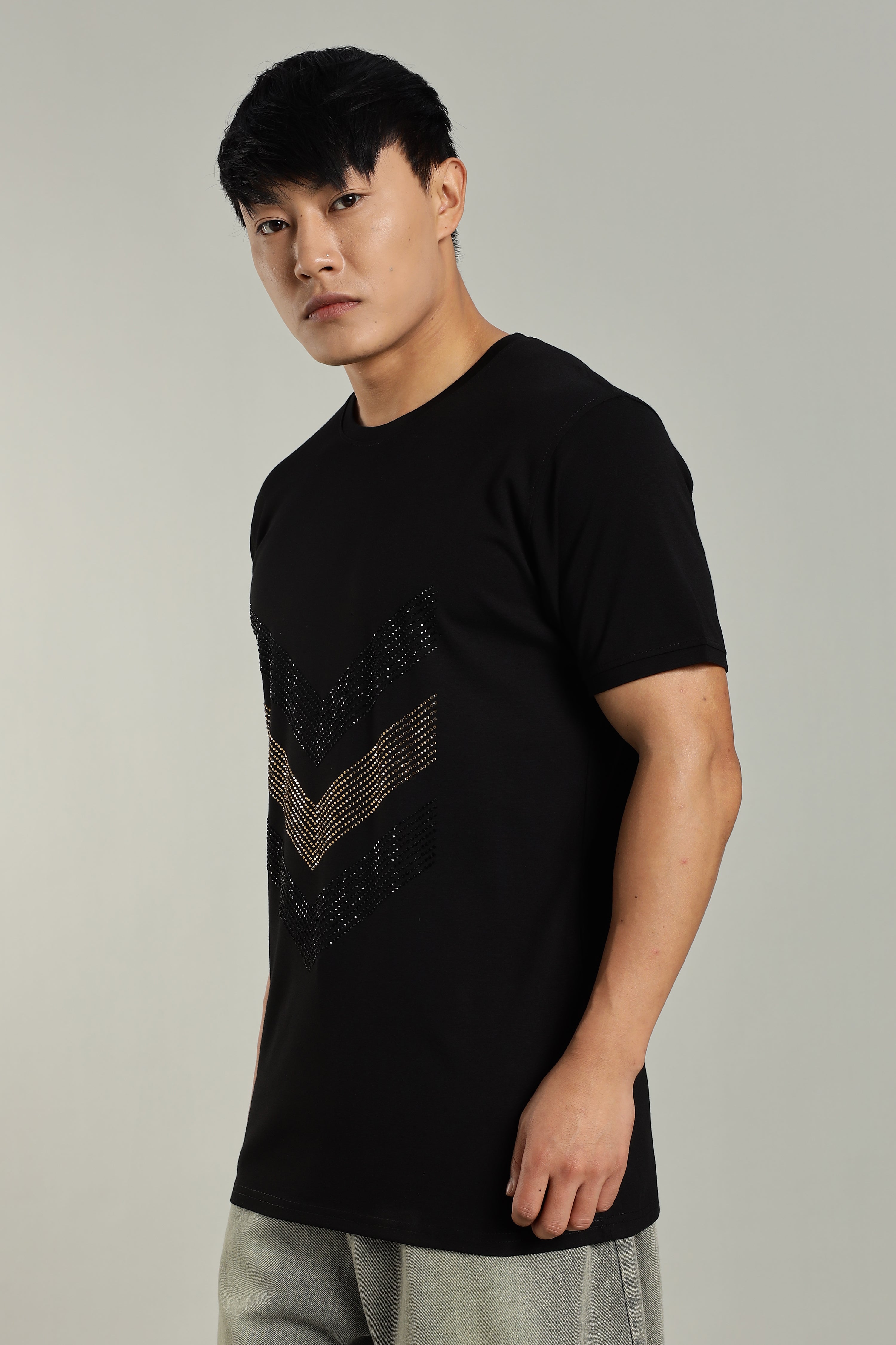 Misc Black Partywear T-Shirt with Diamond Arrow Design