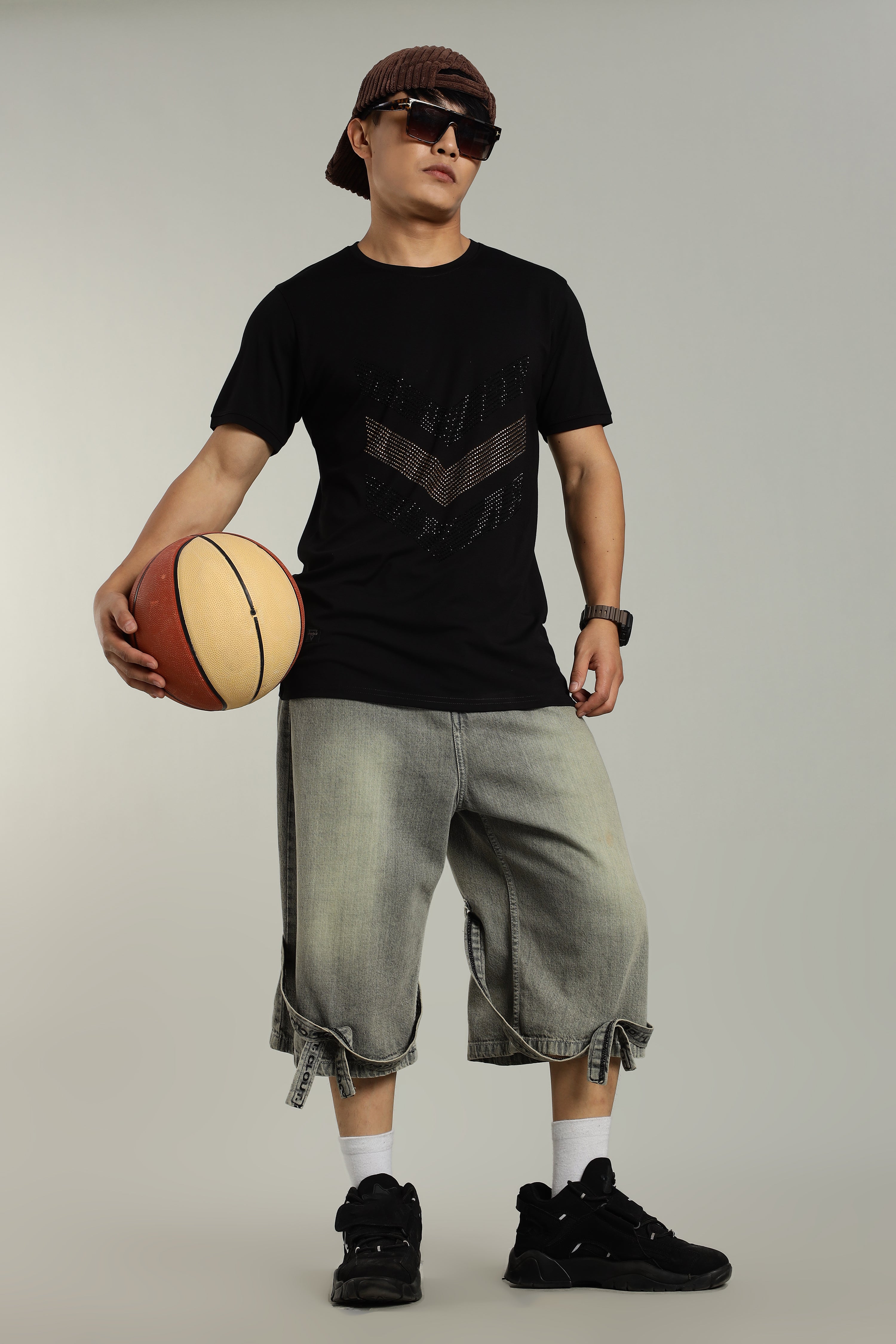 Misc Black Partywear T-Shirt with Diamond Arrow Design