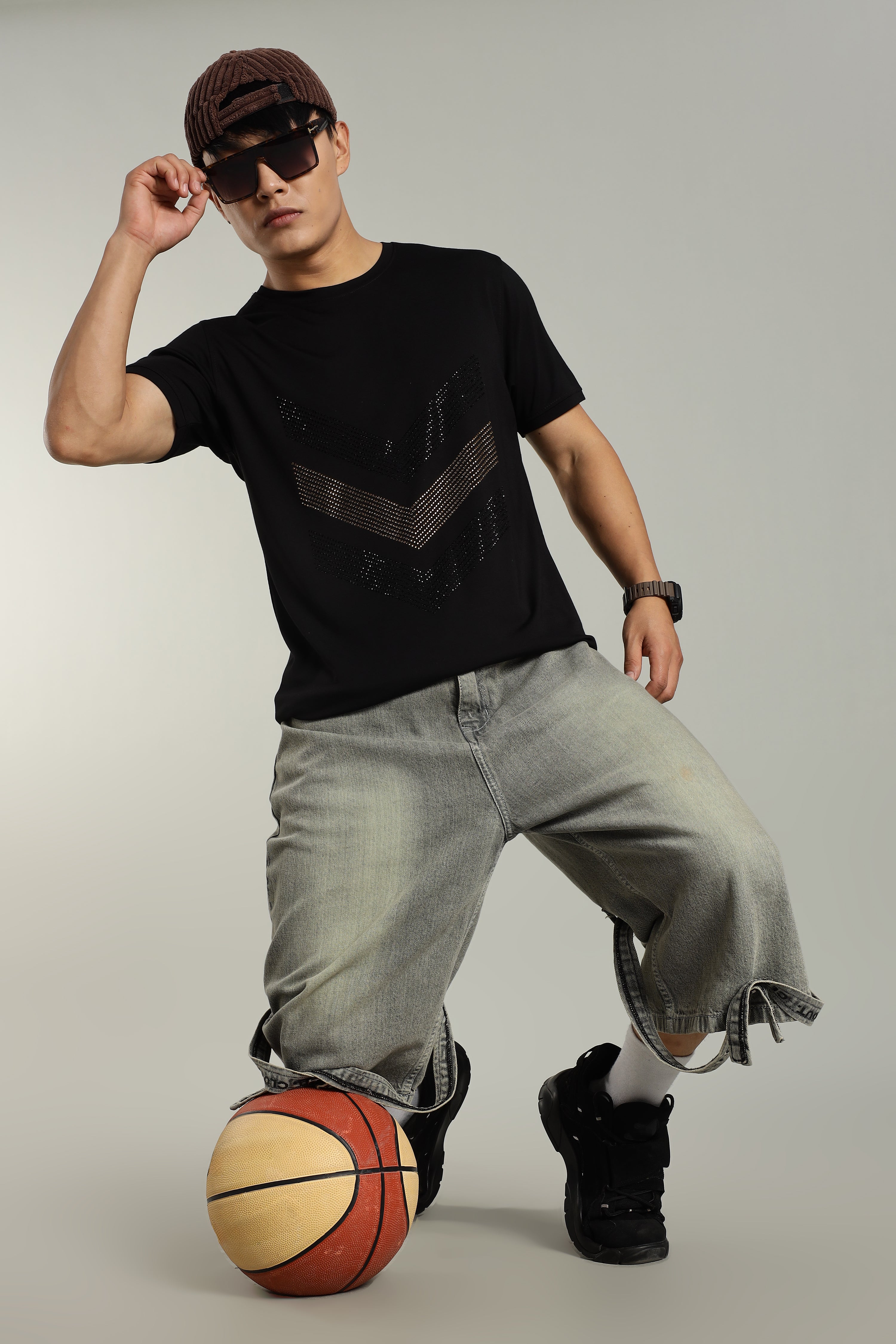 Misc Black Partywear T-Shirt with Diamond Arrow Design