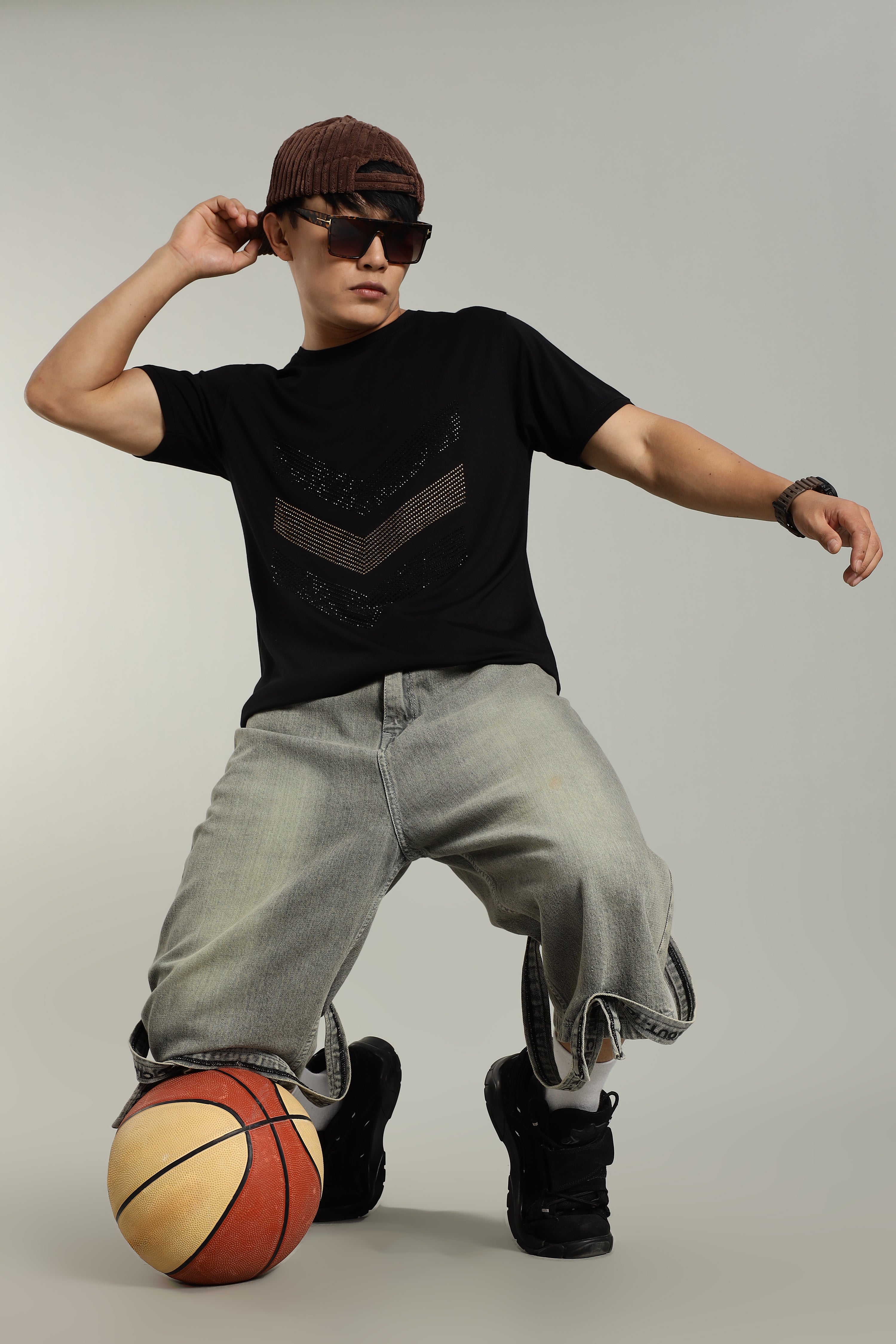 Misc Black Partywear T-Shirt with Diamond Arrow Design